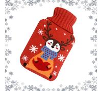 Christmas Hot Water Bottle with Knitted Cover 1L Rubber Warm Hot Water Bag Christmas Elk Hot Water Pouch for Legs Neck Shoulder Back Pain Fatigue Relief Xmas Winter Gifts for Kids Boys Girls (A)