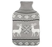 Christmas Hot Water Bottle with Knitted Cover Reindeer Snowflake 2 Litre - Grey