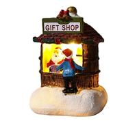 Christmas House Lighted Figure - Santa's Shop Village House Miniature - Resin Home Bookshelf Decor, Village House Miniature With LED Light For Winter Table Decoration