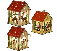 Christmas House Ornament Christmas Village Houses 3PCS Light up Wooden Christmas House Santa Claus Snowman Deer Hanging LED Christmas Tree Ornament for Christmas Decorations
