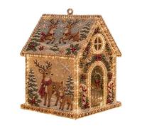 Christmas House Ornament with Santa, Snowman and Nativity Scenes Artfully | Detailed house shaped designs show festive scenes across the roof, doorway and side panels, including snowmen, reindeer and
