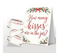 Christmas How Many Kisses Are In The Jar Game 1 Sign 50 Guessing Cards | Xmas Holly with Red Bow Bridal Shower Game, Baby Shower Sign & Tickets for Christmas Party Supplies Decorations, 09