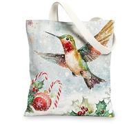 Christmas Hummingbird Bird Canvas Tote Bag for Shopping 13 * 15, Xmas Watercolor Snow Reusable Grocery Shoulder Cloth Bag for Women, Winter Painting Gift Decor