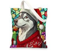 Christmas Husky Dog Canvas Tote Bag for Shopping 13x15, Stained Glass Winter Puppy Reusable Grocery Print Pattern Bag for Women, Fun Pet Beach Aesthetic Painting Gift Decor