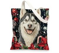 Christmas Husky Dog Canvas Tote Bag for Shopping 13x15, Xmas Candy Poinsettia Puppy Reusable Grocery Print Bag for Women Men, Holiday Pet Aesthetic Painting Gift Decor
