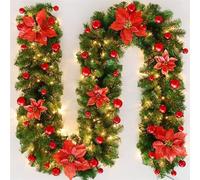 Christmas Illuminate Garland, 8.8 ft Rattan Artificial Flower Vine Plants Outdoor Decorations for Stairs Railing Fireplace Mantle Front Door Home Holiday Decor red