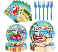 Christmas in July Decorations - Summer Christmas Tableware Set 96 Pcs Santa Paper Plates and Napkins, Dessert Dining Plate for Tropical Hawaiian Claus Beach Birthday Party Supplies Serve 24