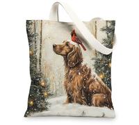 Christmas Irish Setter Dog Canvas Tote Bag for Shopping 13 * 15, Xmas Cardinal Snowy Reusable Grocery Shoulder Cloth Bag for Women, Pet Painting Gift Decoration