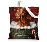 Christmas Irish Setter Dog Canvas Tote Bag for Shopping 13 * 15, Xmas Farmhouse Plaid Reusable Grocery Shoulder Cloth Bag for Women, Pet Painting Gift Decoration