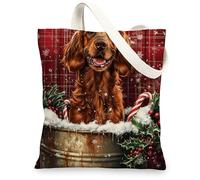 Christmas Irish Setter Dog Canvas Tote Bag for Shopping 13 * 15, Xmas Farmhouse Plaid Reusable Grocery Shoulder Cloth Bag for Women, Pet Painting Gift Decor