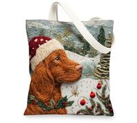 Christmas Irish Setter Dog Canvas Tote Bag for Shopping 13 * 15, Xmas Novelty Tree Reusable Grocery Shoulder Cloth Bag for Women, Pet Painting Gift Decor