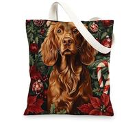 Christmas Irish Setter Dog Canvas Tote Bag for Shopping 13x15, Xmas Candy Poinsettia Puppy Reusable Grocery Print Bag for Women Men, Holiday Pet Aesthetic Painting Gift Decor