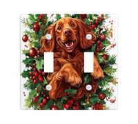 Christmas Irish Setter Dog Decorative Light Switch Cover Wall Plate 2 Gang Double Toggle, Fun Xmas Hollies Switchcover Switchplate, Pet Electrical Faceplate for Kitchen Living Room