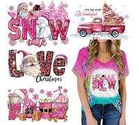 Christmas Iron on Transfer Patches Stickers Pink Xmas Theme Iron on Vinyl Patches Santa Claus Snowman Gingerbread Man Car Love Pattern Winter Heat Transfer Vinyl HTV Decals for Clothes T-Shirt Decor