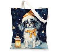 Christmas Japanese Chin Dog Canvas Tote Bag for Shopping 13 * 15, Cute Xmas Stars Reusable Grocery Bag for Women, Pet Work Travel Painting Gift Decor