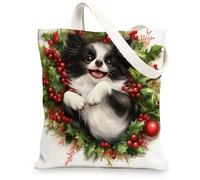 Christmas Japanese Chin Dog Canvas Tote Bag for Shopping 13 * 15, Fun Xmas Hollies Reusable Grocery Shoulder Cloth Bag for Women, Pet Painting Gift Decor