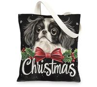 Christmas Japanese Chin Dog Canvas Tote Bag for Shopping 13 * 15, Fun Xmas Hollies Reusable Grocery Shoulder Cloth Bag for Women, Pet Painting Gift Decoration