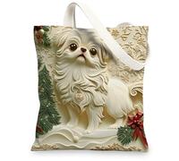 Christmas Japanese Chin Dog Canvas Tote Bag for Shopping 13 * 15, Fun Xmas Luxury Reusable Grocery Shoulder Bag for Women, Pet Painting Gift Decor