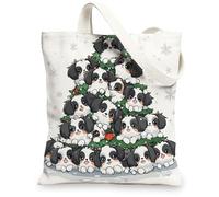 Christmas Japanese Chin Dog Canvas Tote Bag for Shopping 13 * 15, Pet Xmas Tree Puppy Reusable Grocery Bag for Women, Happy New Year Beach Aesthetic Painting Gift Decor