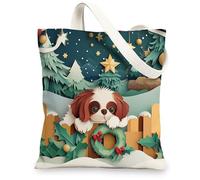 Christmas Japanese Chin Dog Canvas Tote Bag for Shopping 13 * 15, Xmas Novelty Forest Reusable Grocery Shoulder Bag for Women, Pet Painting Gift Decoration