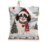 Christmas Japanese Chin Dog Canvas Tote Bag for Shopping 13 * 15, Xmas Patchwork Reusable Grocery Bag for Women, Pet Travel Pattern Gift Decoration
