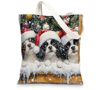 Christmas Japanese Chin Dog Canvas Tote Bag for Shopping 13x15, Winter Farmhouse Xmas Puppy Reusable Grocery Print Pattern Bag for Women Men, Happy New Year Aesthetic Painting Gift Decor
