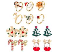 Christmas Jewelry Set - 4 Pairs of Festive Earrings & 6 Adjustable Rings with Santa Claus Snowflake Reindeer Christmas Tree Bowknot & Candy Cane Patterns Diamond-Inlaid Design Xmas Holiday Party