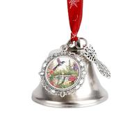 Christmas Jingle Bell Ornaments with Hanging Ornament, Garden with Birds and Flowers Vintage Silver Xmas Bells for Tree Decorations, 1.9 Inch Wing Bell Design Holiday Ornament for Home Festive Decor