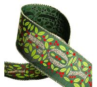 Christmas Joy Ribbon, 63mm, Wired Edge, 2 Metre, Green Linen with Gold Glitter, for Cakes, Wreaths, Trees, Napkin Rings