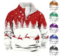 Christmas Jumper 2025 Mens 1/4 Zip Christmas Sweatshirt Xmas Tree Pullover Sweatshirts Long Sleeve Stand Collar Ugly Sweater Reindeer Snowflakes Printed Fleece Xmas Jumpers Winter Warm Top