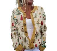 Christmas Jumper Cropped, Crop Cardigans for Women Vintage Fair Isle Sweaters Long Sleeve Floral Print Sweater Lightweight Open Front Cardigan Autumn Winter Button Up Coat A-Yellow