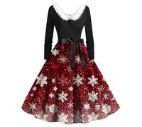 Christmas Jumper Dresses for Women, Party Swing Dress Solid Long Sleeve Xams Furry V-Neck Draw Back Swing Dress Womens Maxi Plus Size Dresses Ladies Christmas Costume Mrs Outfit for Women
