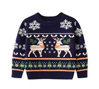 Christmas Jumper Kids - Festive Cartoon Deer Snowflake Pattern Girls Long Sleeve Knitted Pullover Cozy Winter Sweater Tops for Toddler (Navy, 5-6 Years)