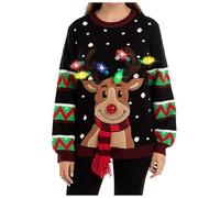 Christmas Jumper Soft Chenille Embroidered Light Up for Women UK Oversized, Crochet Knit Pullover Sweater Long Sleeve Round Neck Top Blouse Sweatshirt Funny Ladies Xmas Jumpers (Black, M)