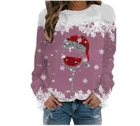 Christmas Jumper Women's Funny Christmas Jumper Women's Cotton Wine Glass Hat Crew Neck Elegant Christmas Sweatshirt Fleece Glitter Long Sleeve Shirt Female Blouse for Christmas