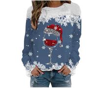 Christmas Jumper Women's Funny Christmas Jumper Women's Cotton Wine Glass Hat Crew Neck Elegant Christmas Sweatshirt Fleece Glitter Long Sleeve Shirt Female Blouse for Christmas