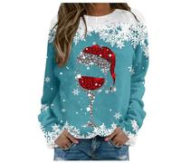 Christmas Jumper Women's Funny Christmas Sweatshirt Women's Without Hood Ugly Christmas Sweater Cotton Christmas Jumper with Wine Glass Print Fun Christmas Costume Autumn Winter Xmas Tops