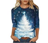 Christmas Jumpers Casual 3/4 Lenght Sleeve Crewneck Tunic Tops Funny Sparkly Xmas Tree Print Blouse Fall Winter Fashion Lightweight Christmas Jumper Going Out T-Shirt Holiday Sweatshirts