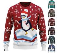 Christmas Jumpers for Men Funny Christmas Tree Penguin Sweaters Oversized Xmas Outfits Winter Soft Warm Knitwear Long Sleeve Pullover Tops Holiday Costume Clothes (Red #1, L)