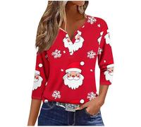 Christmas Jumpers for Women 3/4 Sleeve Pullover Tops Xmas Tree Novelty Funny Print Sweatshirts Button V-Neck T-Shirts Shirts Loose Fit Tunic Tops Ladies Christmas Jumpers for Holiday Party