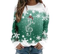 Christmas Jumpers for Women Casual Round Neck Long Sleeve Christmas Sweatshirts Shining Music Note and Snowflake Printed Pattern Pullover Tops Ladies Xmas Festival Outfits (A02-Green, M)