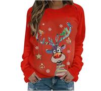 Christmas Jumpers for Women Cotton Essentials Plus Size Christmas Sweatshirt Reindeer Print Long Sleeve Crew Neck Casual Ladies Christmas Top Teen Girls Basic Tops Novelty Xmas Pullover Funny Outfits