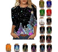 Christmas Jumpers for Women Fall 3/4 Sleeve Shirts Christmas Tree Print Ladies Crew Neck Sweatshirt Tops Fashion Sweaters Winter Casual Outwear Pullover Outfits Holiday Xmas Sweatshirts Tshirts