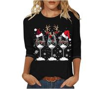 Christmas Jumpers for Women Glass Goblet Xmas Shirts Casual 3/4 Sleeve Tunic Pullover Tees Crewneck Funny Sweatshirt Loose Soft Pullover Tops for Holiday Party Plus Size