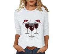 Christmas Jumpers for Women Glass Goblet Xmas Shirts Casual 3/4 Sleeve Tunic Pullover Tees Crewneck Funny Sweatshirt Loose Soft Pullover Tops for Holiday Party Plus Size
