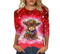 Christmas Jumpers for Women Highland Cow Print Funny Christmas Sweatshirt, Ladies Xmas Tops, Round Neck 3/4 Sleeve Oversized Animal Graphic Holiday Ladies Xmas Tops
