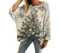 Christmas Jumpers for Women Knitted Pullover Snowman Reindeer Christmas Tree Stripes Graphic Chunky Sweater Top Crewneck Long Sleeve Xmas Holiday Ladies Fitted Ribbed Winter Jumpers Ugly Funny Beige