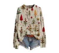 Christmas Jumpers for Women Knitted Pullover Snowman Reindeer Christmas Tree Stripes Graphic Ladies Fitted Ribbed Winter Jumpers Crewneck Long Sleeve Ugly Funny Chunky Sweater Top Xmas Holiday Beige