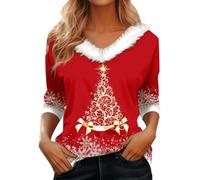 Christmas Jumpers for Women, Merry Christmas Shirts for Women Elegant V Neck Faux Fur Long Sleeve Xmas Shirt Ladies Sexy Santa Mrs Claus Sparkly Christmas Top Christma Sweatshirt Red