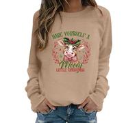 Christmas Jumpers For Women Novelty,Western Graphic Crewneck Top for Women Cozy Hoodless Sweatshirt with Cow Print Holiday Vibe and Casual Everyday Wear (Khaki, L)
